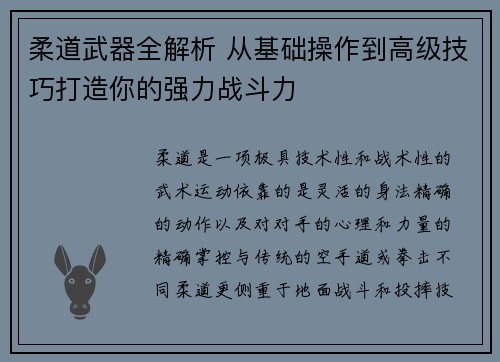 柔道武器全解析 从基础操作到高级技巧打造你的强力战斗力